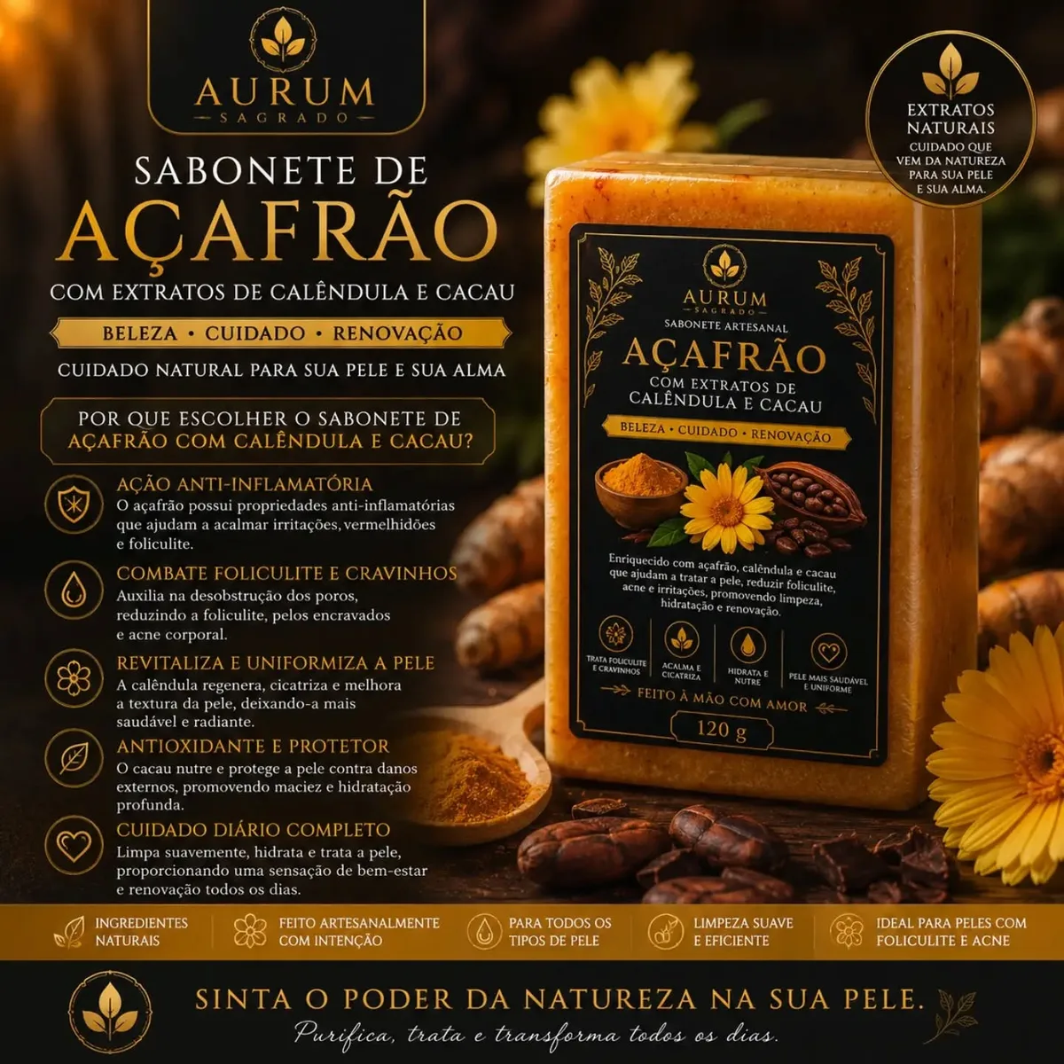 Sabonete de Açafrão com Calêndula e Cacau